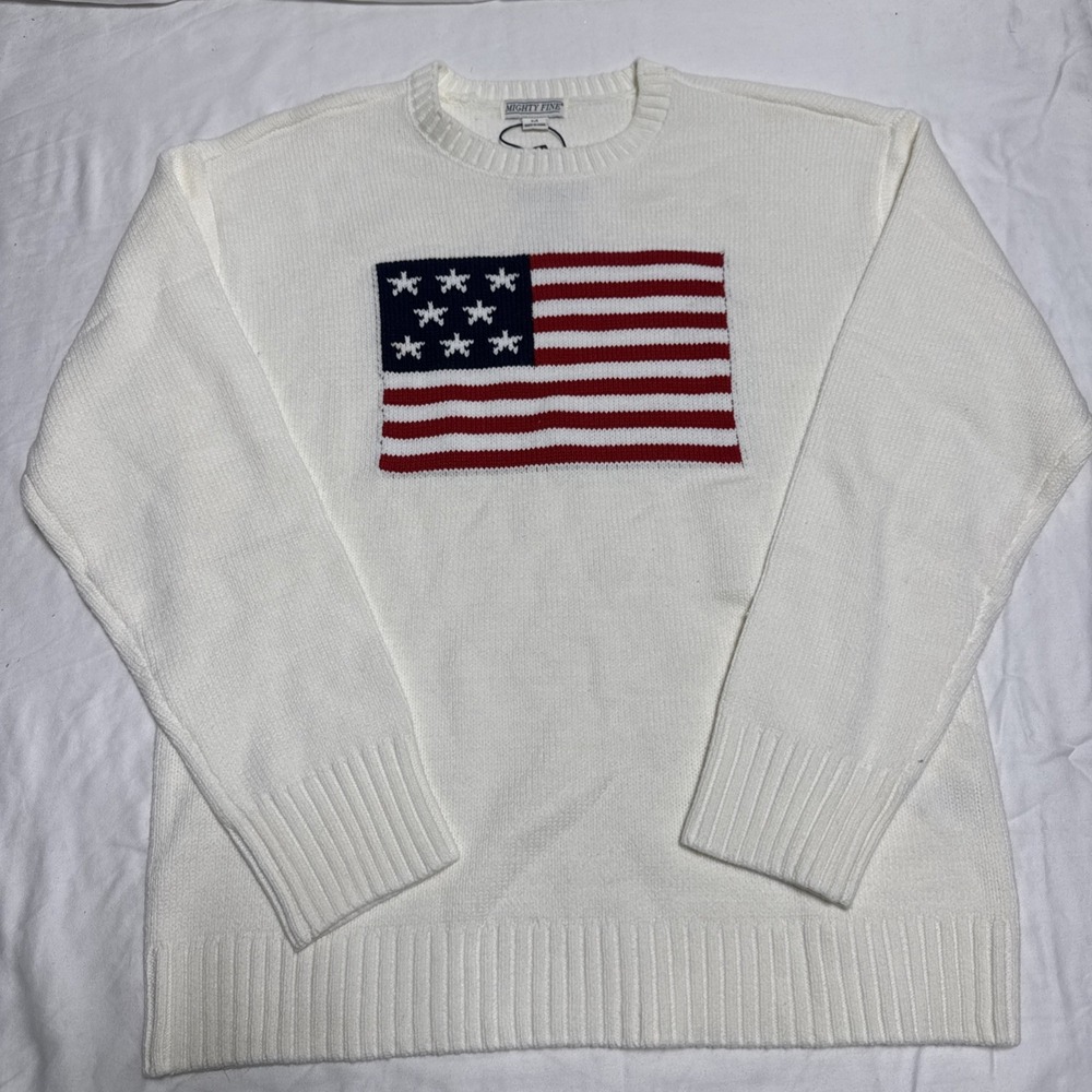 Mighty Fine Womens American Flag Knit Sweater White Patriotic Crewneck Medium
